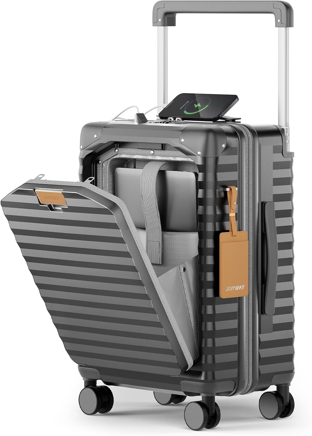 20 Inch Carry on Luggage with Front Pocket, PC Hardshell Carry-on Suitcase with USB Port and Cup Holder, 21.5x14.2x9 Airline Approved, Luggage with Spinner Wheels and TSA Lock (Grey)
