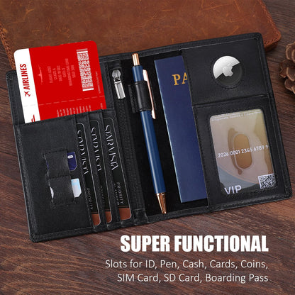 Phoenix Leather Passport Holder, Full Grain Leather Travel Wallet - Slim, Bifold, RFID Blocking, ID Window, Coin Pocket, Card Slots, SIM Slots, AirTag Holder