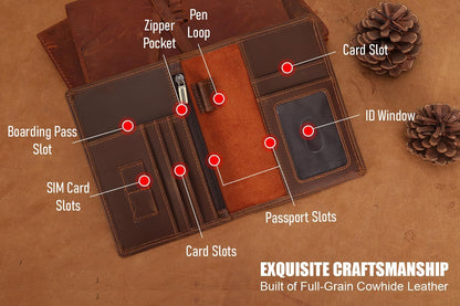 Phoenix Leather Passport Holder, Full Grain Leather Travel Wallet - Slim, Bifold, RFID Blocking, ID Window, Coin Pocket, Card Slots, SIM Slots, AirTag Holder