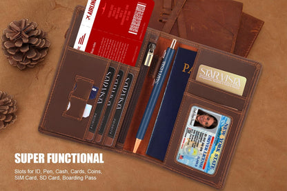 Phoenix Leather Passport Holder, Full Grain Leather Travel Wallet - Slim, Bifold, RFID Blocking, ID Window, Coin Pocket, Card Slots, SIM Slots, AirTag Holder