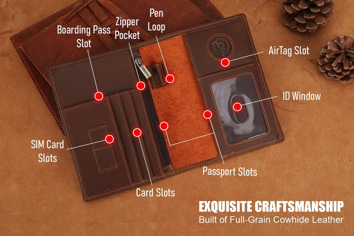 Phoenix Leather Passport Holder, Full Grain Leather Travel Wallet - Slim, Bifold, RFID Blocking, ID Window, Coin Pocket, Card Slots, SIM Slots, AirTag Holder
