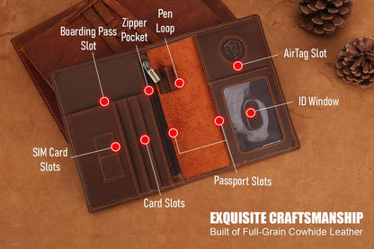 Phoenix Leather Passport Holder, Full Grain Leather Travel Wallet - Slim, Bifold, RFID Blocking, ID Window, Coin Pocket, Card Slots, SIM Slots, AirTag Holder