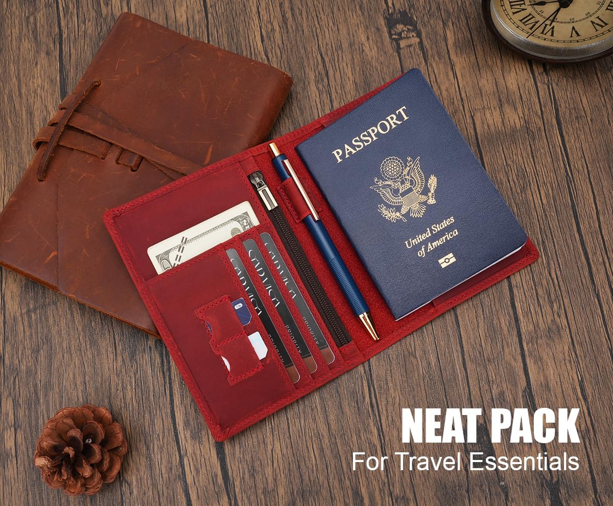 Phoenix Leather Passport Holder, Full Grain Leather Travel Wallet - Slim, Bifold, RFID Blocking, ID Window, Coin Pocket, Card Slots, SIM Slots, AirTag Holder