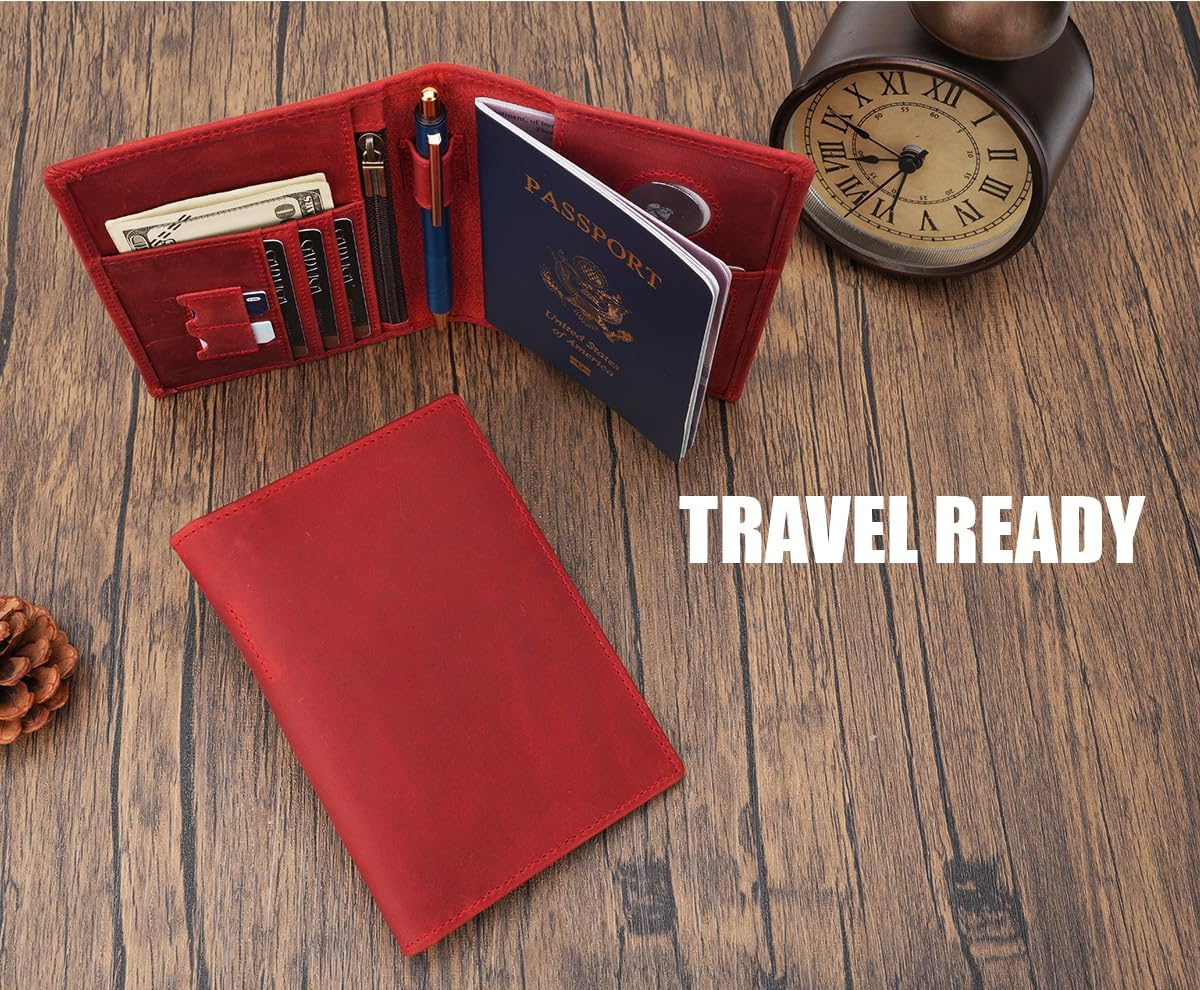 Phoenix Leather Passport Holder, Full Grain Leather Travel Wallet - Slim, Bifold, RFID Blocking, ID Window, Coin Pocket, Card Slots, SIM Slots, AirTag Holder