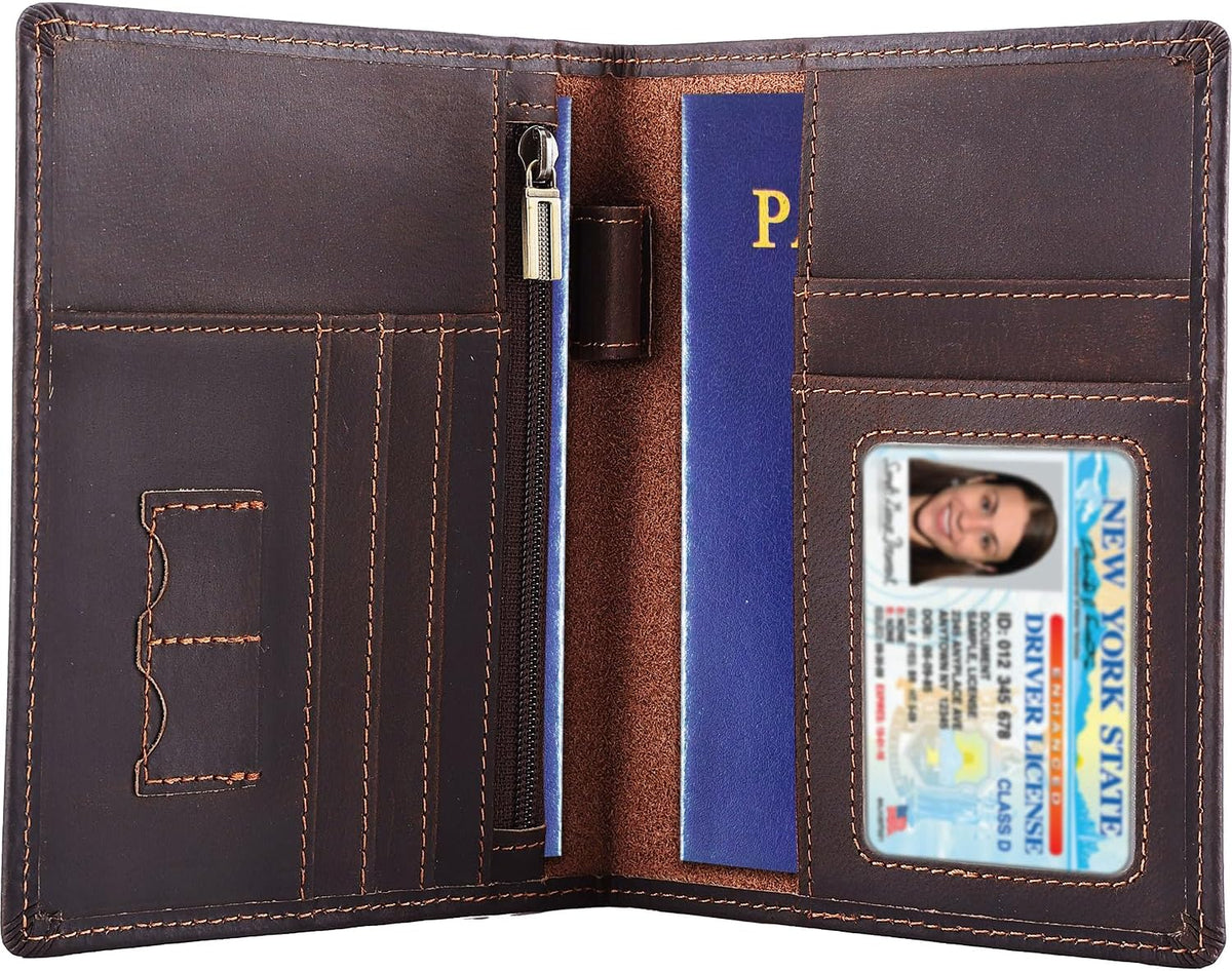 Phoenix Leather Passport Holder, Full Grain Leather Travel Wallet - Slim, Bifold, RFID Blocking, ID Window, Coin Pocket, Card Slots, SIM Slots, AirTag Holder