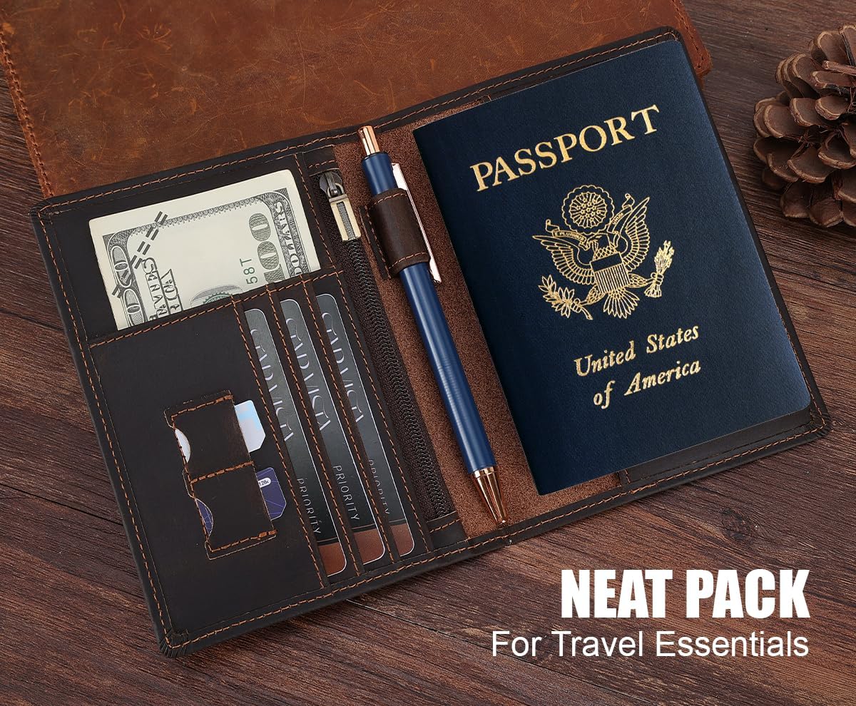 Phoenix Leather Passport Holder, Full Grain Leather Travel Wallet - Slim, Bifold, RFID Blocking, ID Window, Coin Pocket, Card Slots, SIM Slots, AirTag Holder