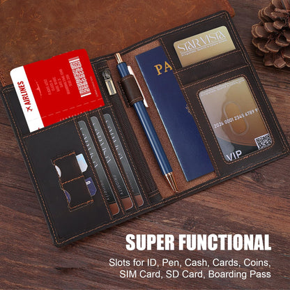 Phoenix Leather Passport Holder, Full Grain Leather Travel Wallet - Slim, Bifold, RFID Blocking, ID Window, Coin Pocket, Card Slots, SIM Slots, AirTag Holder