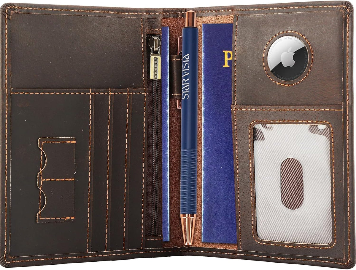 Phoenix Leather Passport Holder, Full Grain Leather Travel Wallet - Slim, Bifold, RFID Blocking, ID Window, Coin Pocket, Card Slots, SIM Slots, AirTag Holder