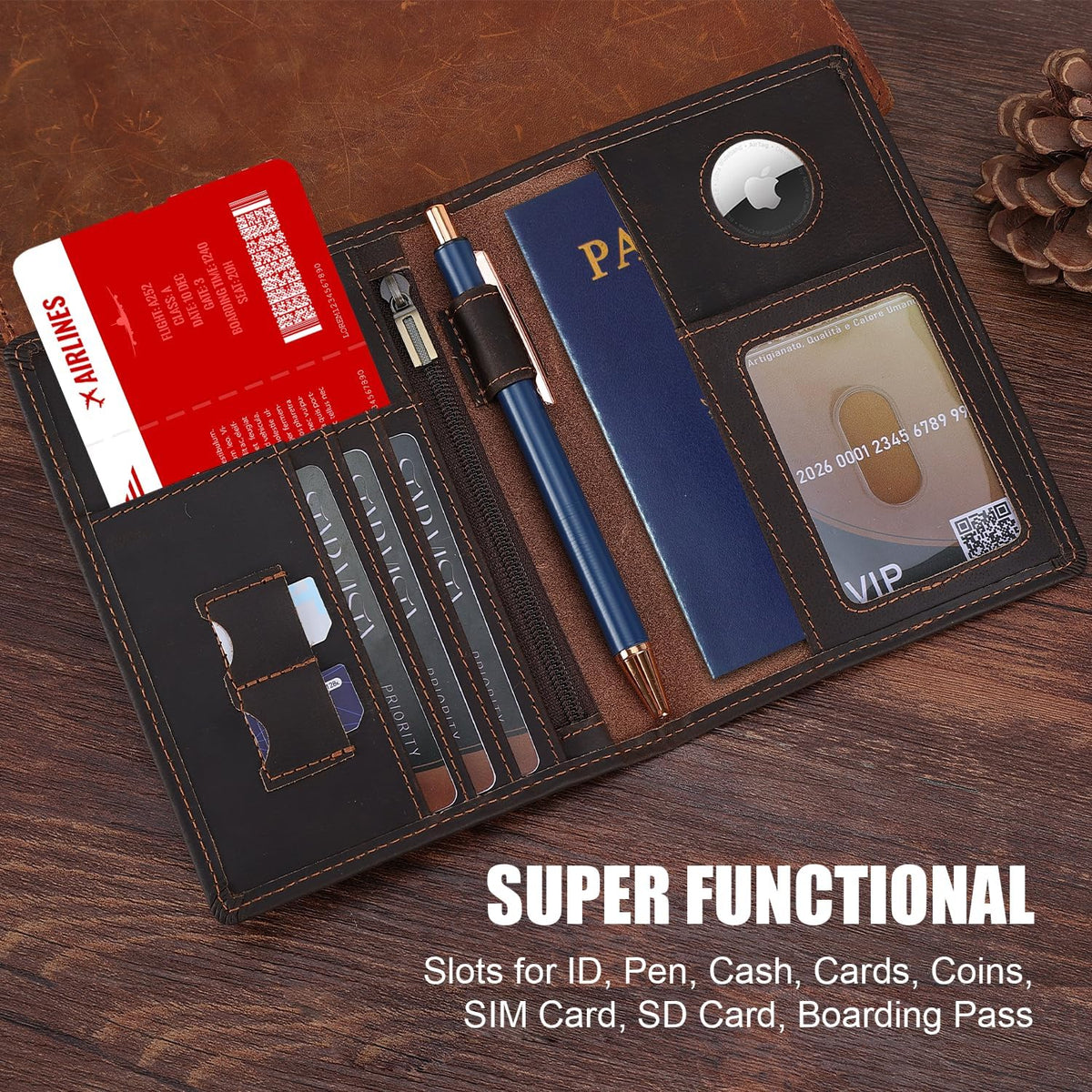 Phoenix Leather Passport Holder, Full Grain Leather Travel Wallet - Slim, Bifold, RFID Blocking, ID Window, Coin Pocket, Card Slots, SIM Slots, AirTag Holder