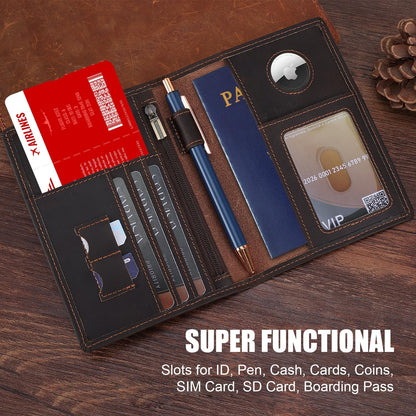 Phoenix Leather Passport Holder, Full Grain Leather Travel Wallet - Slim, Bifold, RFID Blocking, ID Window, Coin Pocket, Card Slots, SIM Slots, AirTag Holder