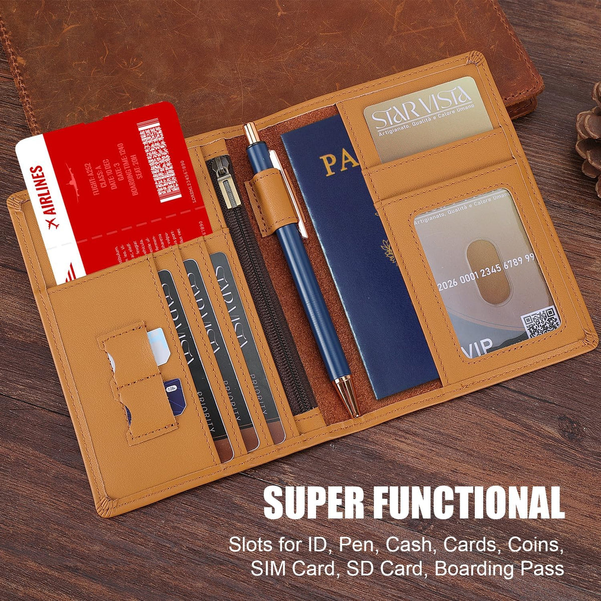 Phoenix Leather Passport Holder, Full Grain Leather Travel Wallet - Slim, Bifold, RFID Blocking, ID Window, Coin Pocket, Card Slots, SIM Slots, AirTag Holder