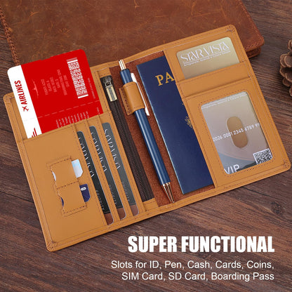 Phoenix Leather Passport Holder, Full Grain Leather Travel Wallet - Slim, Bifold, RFID Blocking, ID Window, Coin Pocket, Card Slots, SIM Slots, AirTag Holder