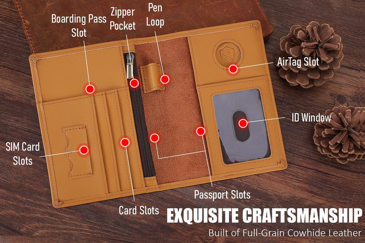 Phoenix Leather Passport Holder, Full Grain Leather Travel Wallet - Slim, Bifold, RFID Blocking, ID Window, Coin Pocket, Card Slots, SIM Slots, AirTag Holder