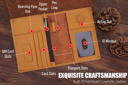 Phoenix Leather Passport Holder, Full Grain Leather Travel Wallet - Slim, Bifold, RFID Blocking, ID Window, Coin Pocket, Card Slots, SIM Slots, AirTag Holder