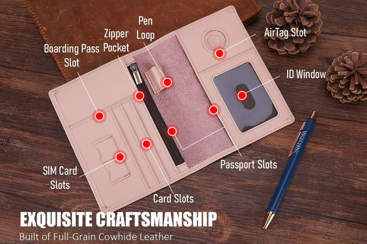 Phoenix Leather Passport Holder, Full Grain Leather Travel Wallet - Slim, Bifold, RFID Blocking, ID Window, Coin Pocket, Card Slots, SIM Slots, AirTag Holder