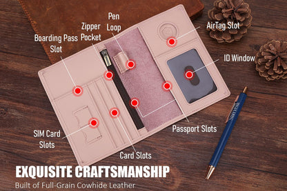 Phoenix Leather Passport Holder, Full Grain Leather Travel Wallet - Slim, Bifold, RFID Blocking, ID Window, Coin Pocket, Card Slots, SIM Slots, AirTag Holder