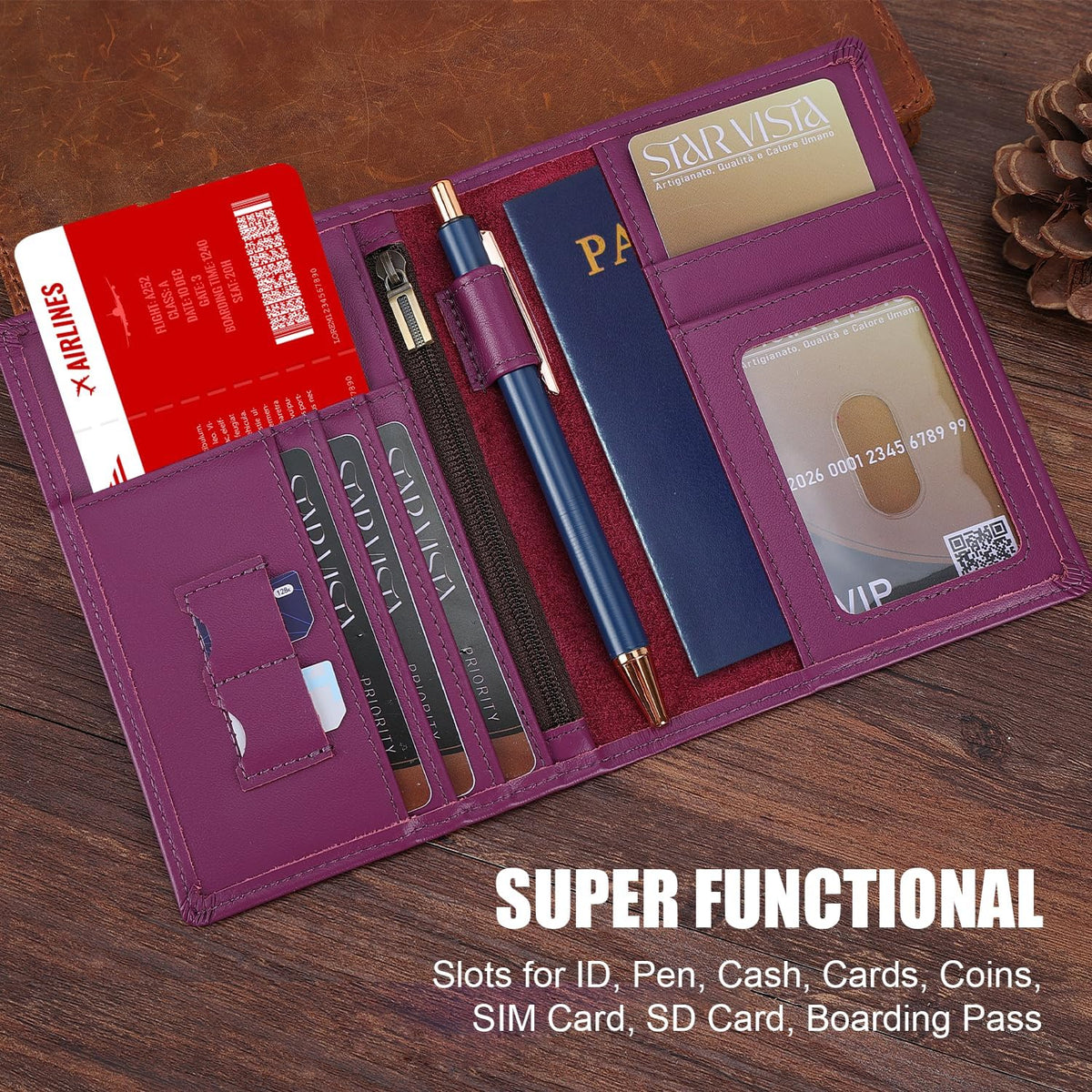 Phoenix Leather Passport Holder, Full Grain Leather Travel Wallet - Slim, Bifold, RFID Blocking, ID Window, Coin Pocket, Card Slots, SIM Slots, AirTag Holder