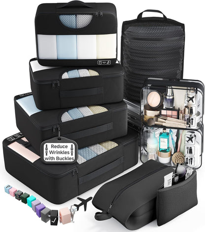 9 Set Packing Cubes for Travel,Anti-Wrinkle Buckled Suitcase Organizer with Shoe,Toiletry,Makeup Bag,Carry On Luggage Bag with 99+ Count Mesh Holes for Airplane & College Dorm Essentials