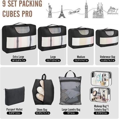 9 Set Packing Cubes for Travel,Anti-Wrinkle Buckled Suitcase Organizer with Shoe,Toiletry,Makeup Bag,Carry On Luggage Bag with 99+ Count Mesh Holes for Airplane & College Dorm Essentials