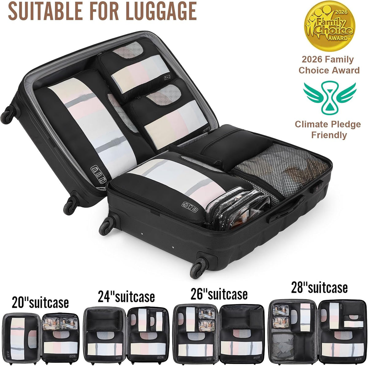 9 Set Packing Cubes for Travel,Anti-Wrinkle Buckled Suitcase Organizer with Shoe,Toiletry,Makeup Bag,Carry On Luggage Bag with 99+ Count Mesh Holes for Airplane & College Dorm Essentials