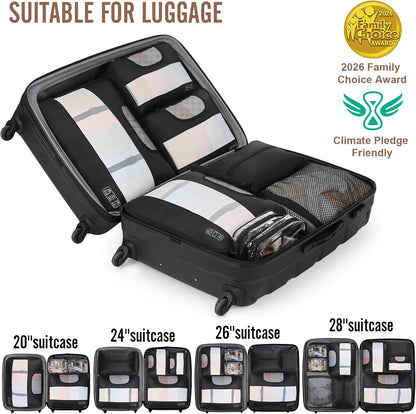 9 Set Packing Cubes for Travel,Anti-Wrinkle Buckled Suitcase Organizer with Shoe,Toiletry,Makeup Bag,Carry On Luggage Bag with 99+ Count Mesh Holes for Airplane & College Dorm Essentials