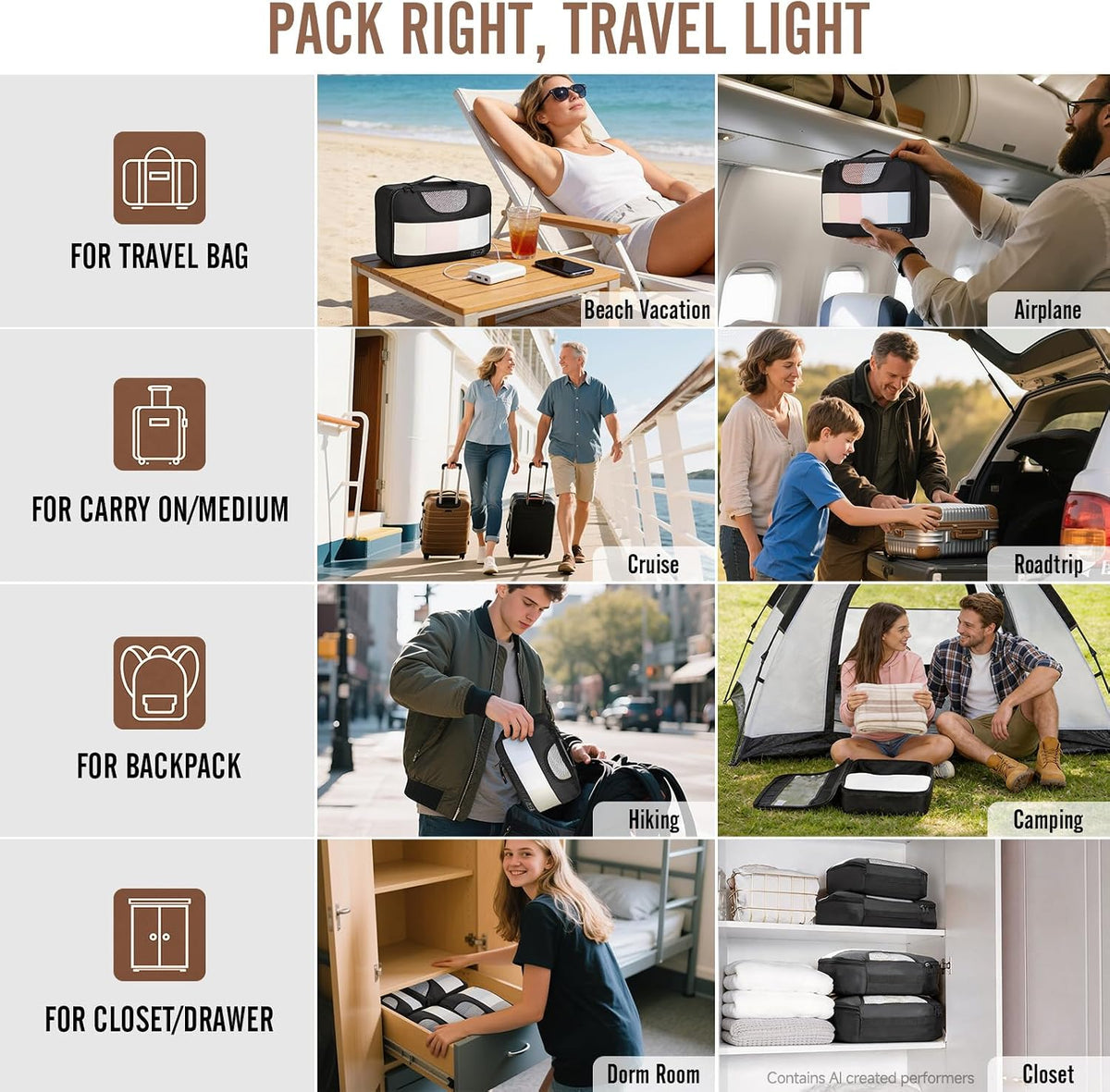 9 Set Packing Cubes for Travel,Anti-Wrinkle Buckled Suitcase Organizer with Shoe,Toiletry,Makeup Bag,Carry On Luggage Bag with 99+ Count Mesh Holes for Airplane & College Dorm Essentials