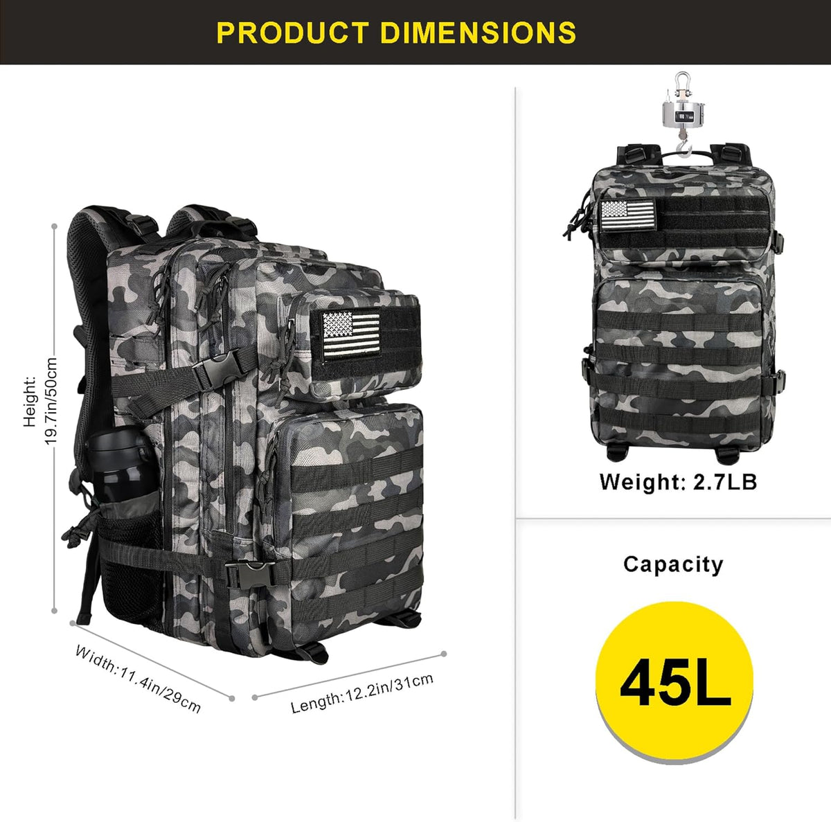45L Military Tactical Backpack, Army 3-Day Assault Pack Bug Out Bag for Hiking Camping | Army