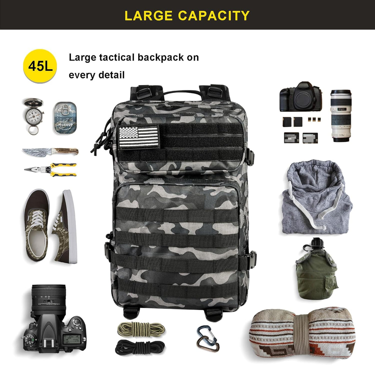 45L Military Tactical Backpack, Army 3-Day Assault Pack Bug Out Bag for Hiking Camping | Army