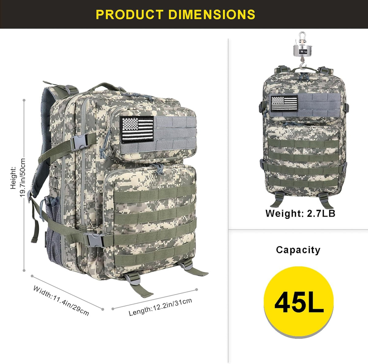 45L Military Tactical Backpack, Army 3-Day Assault Pack Bug Out Bag for Hiking Camping | Army