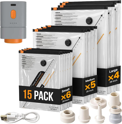 15 Pack Vacuum Storage Bags with Rechargeable & Portable Electric Pump (6 Small, 5 Medium, 4 Large) - Vacuum Seal Bags for Clothing Travel - Vacuum Bags for Travel, Blankets, Clothes & Luggage