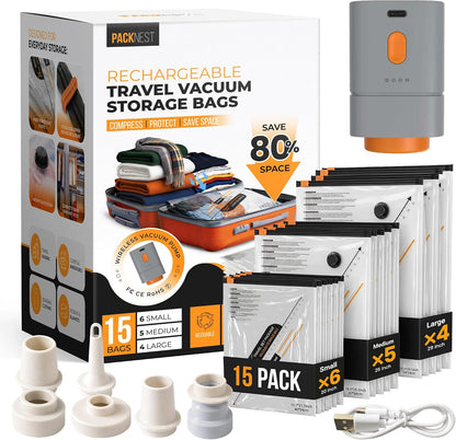 15 Pack Vacuum Storage Bags with Rechargeable & Portable Electric Pump (6 Small, 5 Medium, 4 Large) - Vacuum Seal Bags for Clothing Travel - Vacuum Bags for Travel, Blankets, Clothes & Luggage
