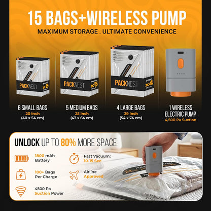 15 Pack Vacuum Storage Bags with Rechargeable & Portable Electric Pump (6 Small, 5 Medium, 4 Large) - Vacuum Seal Bags for Clothing Travel - Vacuum Bags for Travel, Blankets, Clothes & Luggage