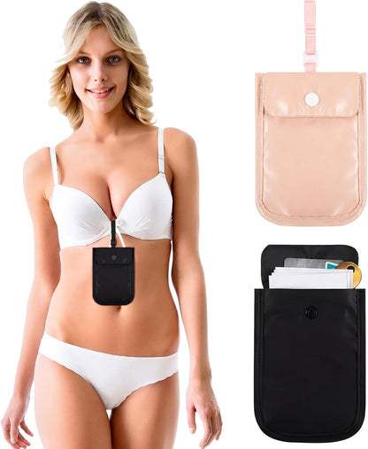 2 Pieces Travel Bra Wallet for Women Hidden Bra Wallet Pickpocket Proof Under Clothes Money Belt Pouch Secret for Passport Money Valuables(4 x 5.4 Inch,Black, Pink)