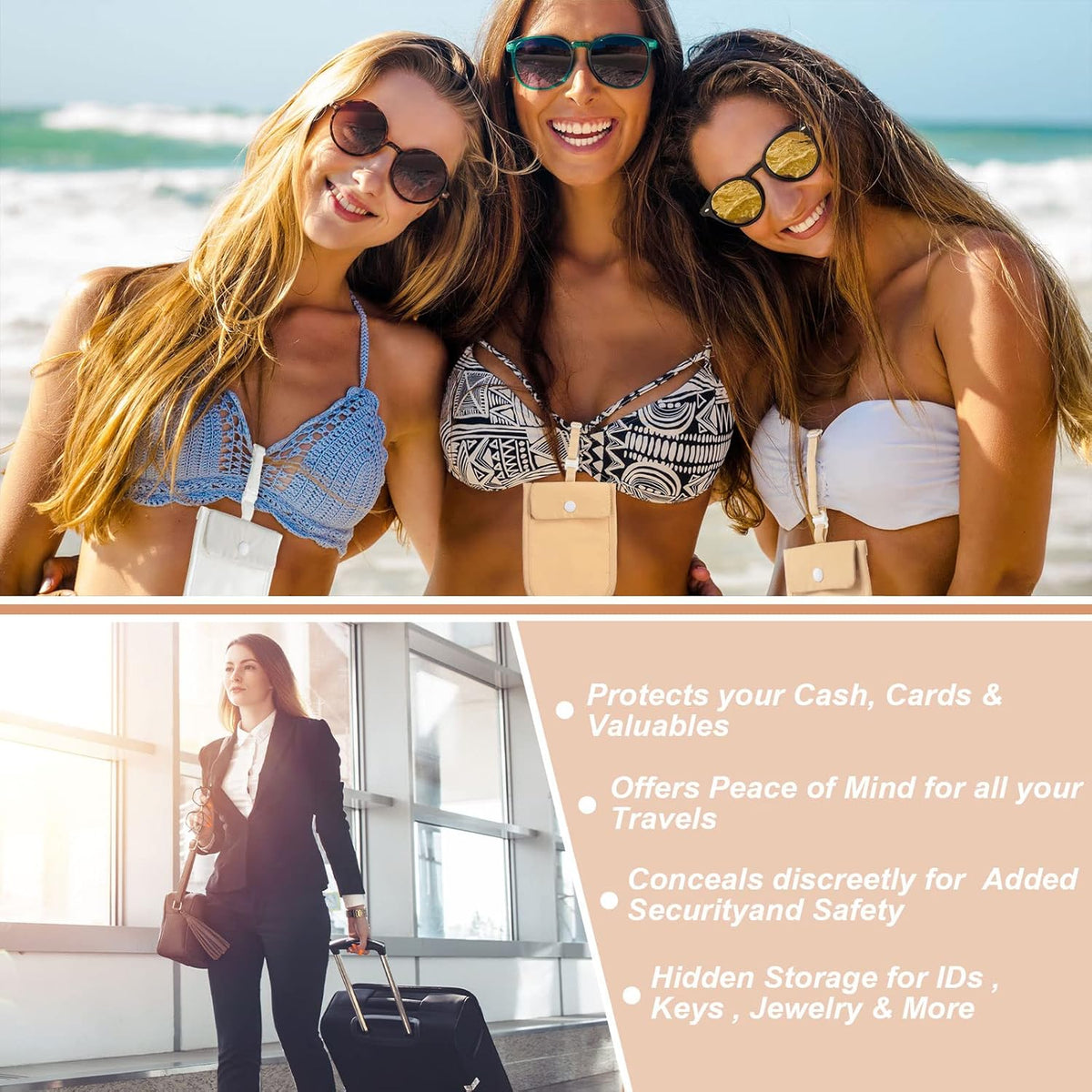 2 Pieces Travel Bra Wallet for Women Hidden Bra Wallet Pickpocket Proof Under Clothes Money Belt Pouch Secret for Passport Money Valuables(4 x 5.4 Inch,Black, Pink)