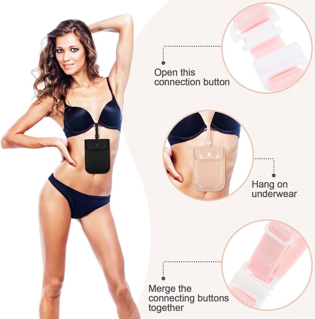 2 Pieces Travel Bra Wallet for Women Hidden Bra Wallet Pickpocket Proof Under Clothes Money Belt Pouch Secret for Passport Money Valuables(4 x 5.4 Inch,Black, Pink)