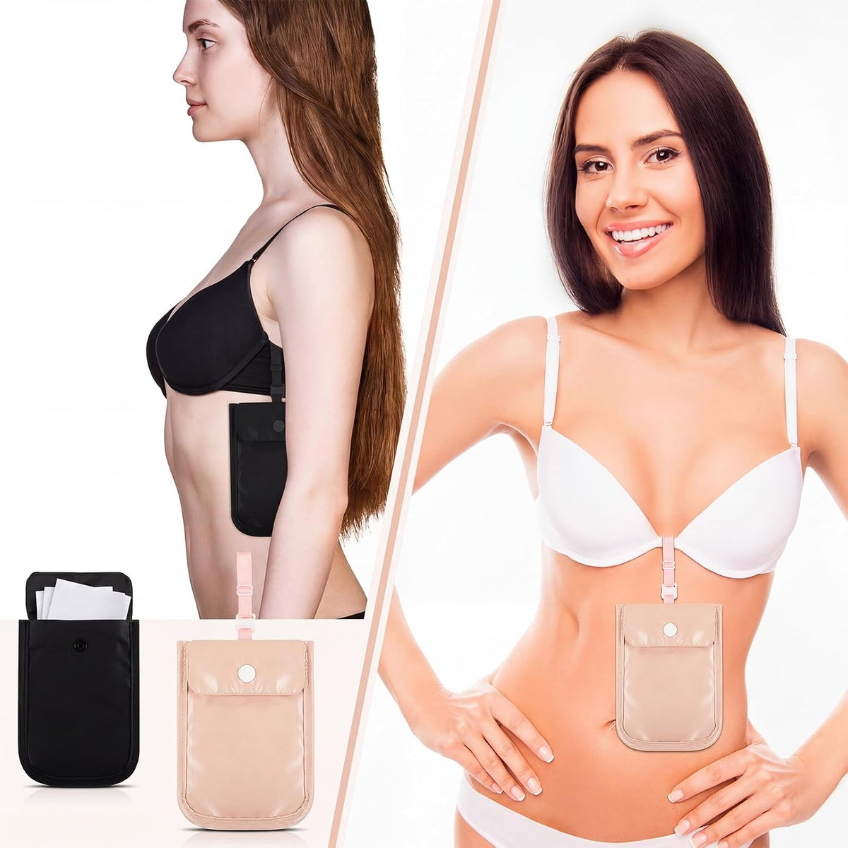 2 Pieces Travel Bra Wallet for Women Hidden Bra Wallet Pickpocket Proof Under Clothes Money Belt Pouch Secret for Passport Money Valuables(4 x 5.4 Inch,Black, Pink)