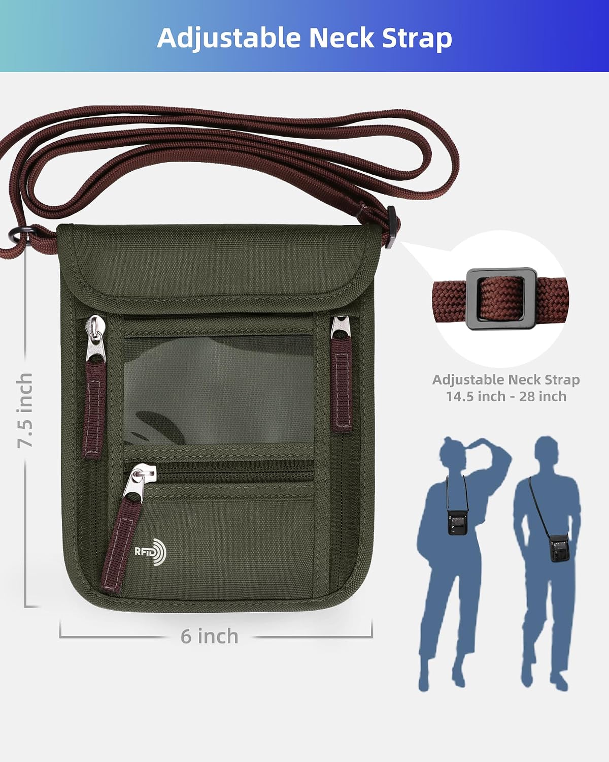 Passport Holder Neck Pouch Travel Wallet for Women and Men, RFID Blocking Security Slim Traveling Wallet with Around Neck Lanyard Strap, Light Green | Around Neck Lanyard Strap, Travel Safety Anti Theft Bag, Neck Wallet for Traveling Women