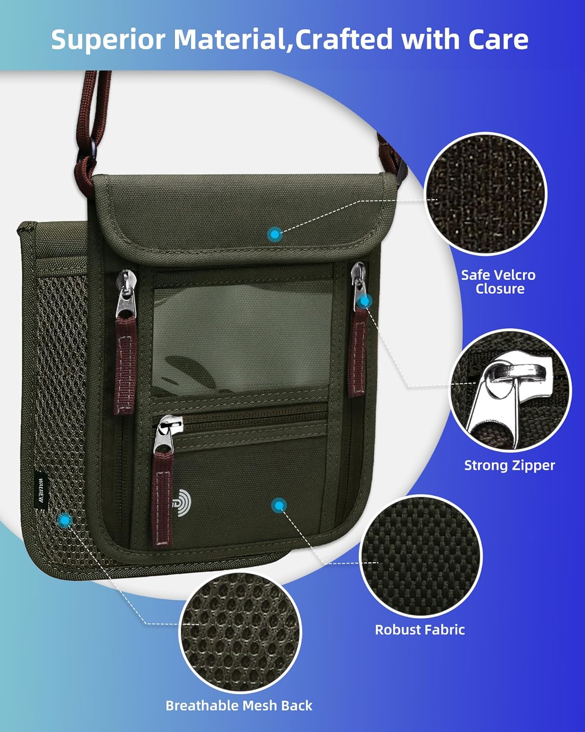 Passport Holder Neck Pouch Travel Wallet for Women and Men, RFID Blocking Security Slim Traveling Wallet with Around Neck Lanyard Strap, Light Green | Around Neck Lanyard Strap, Travel Safety Anti Theft Bag, Neck Wallet for Traveling Women