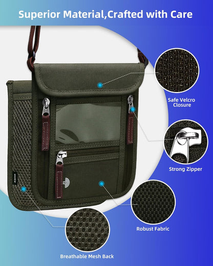 Passport Holder Neck Pouch Travel Wallet for Women and Men, RFID Blocking Security Slim Traveling Wallet with Around Neck Lanyard Strap, Light Green | Around Neck Lanyard Strap, Travel Safety Anti Theft Bag, Neck Wallet for Traveling Women