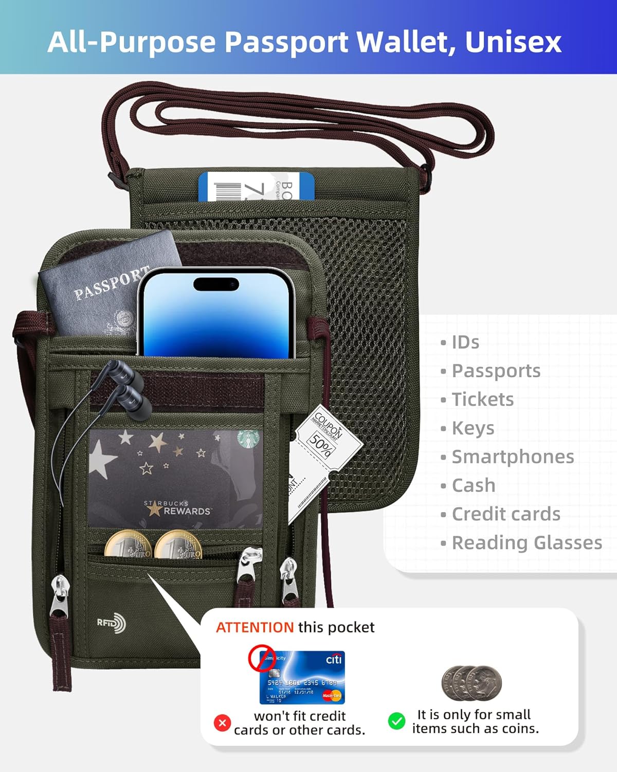 Passport Holder Neck Pouch Travel Wallet for Women and Men, RFID Blocking Security Slim Traveling Wallet with Around Neck Lanyard Strap, Light Green | Around Neck Lanyard Strap, Travel Safety Anti Theft Bag, Neck Wallet for Traveling Women