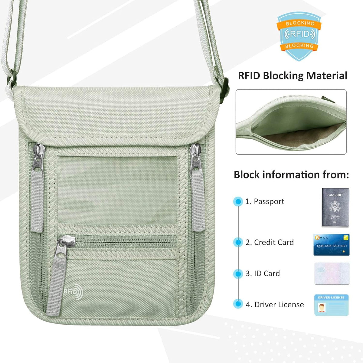 Passport Holder Neck Pouch Travel Wallet for Women and Men, RFID Blocking Security Slim Traveling Wallet with Around Neck Lanyard Strap, Light Green | Around Neck Lanyard Strap, Travel Safety Anti Theft Bag, Neck Wallet for Traveling Women
