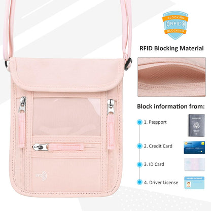 Passport Holder Neck Pouch Travel Wallet for Women and Men, RFID Blocking Security Slim Traveling Wallet with Around Neck Lanyard Strap, Light Green | Around Neck Lanyard Strap, Travel Safety Anti Theft Bag, Neck Wallet for Traveling Women