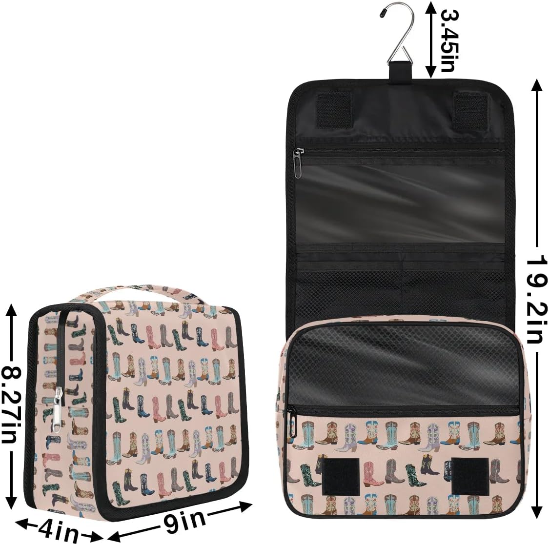 Travel Toiletry Bag for Women Men with Hanging Hook Pink Retro Western Print Cowboy Pattern Makeup Cosmetic Bag Organizer Travel Bag for Toiletries Essentials Accessories, Large Size