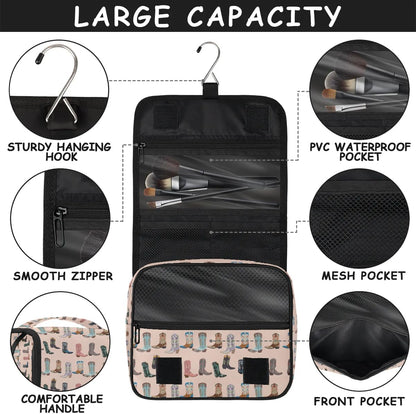 Travel Toiletry Bag for Women Men with Hanging Hook Pink Retro Western Print Cowboy Pattern Makeup Cosmetic Bag Organizer Travel Bag for Toiletries Essentials Accessories, Large Size
