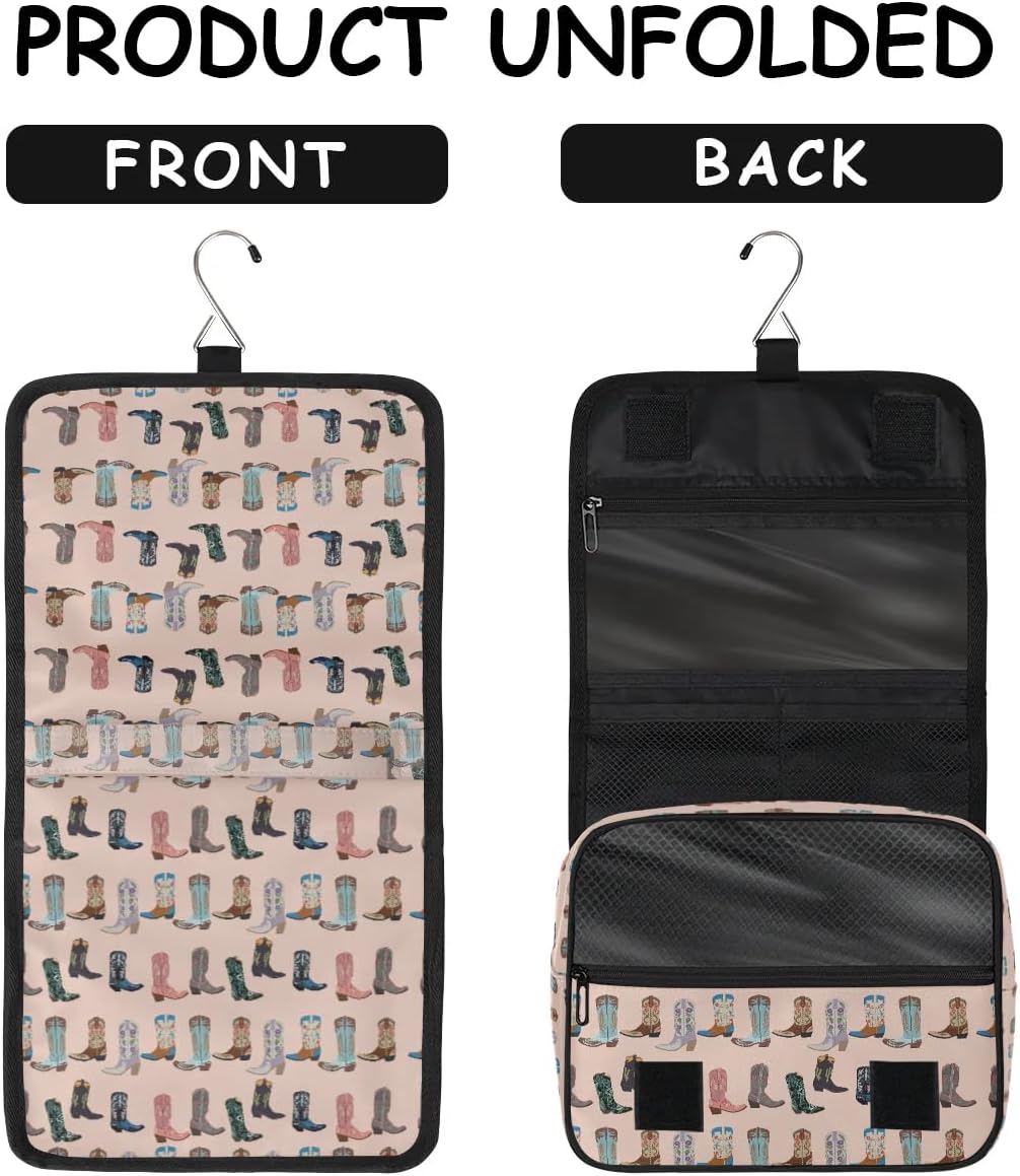Travel Toiletry Bag for Women Men with Hanging Hook Pink Retro Western Print Cowboy Pattern Makeup Cosmetic Bag Organizer Travel Bag for Toiletries Essentials Accessories, Large Size
