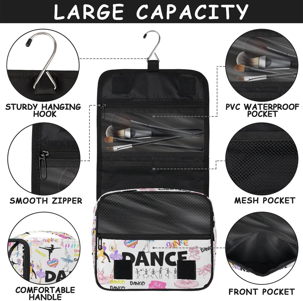 Travel Toiletry Bag for Women Men with Hanging Hook Pink Retro Western Print Cowboy Pattern Makeup Cosmetic Bag Organizer Travel Bag for Toiletries Essentials Accessories, Large Size