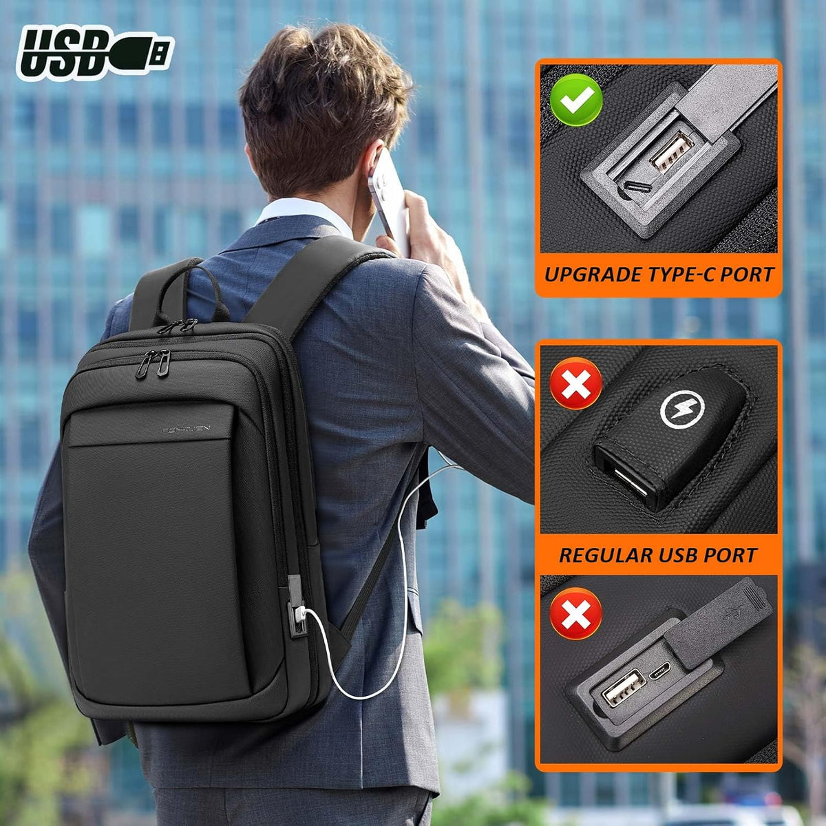 Work Backpack for Men, Water Resistant Expandable Backpack with USB C Charging Port, Black 15.6 Laptop Backpack