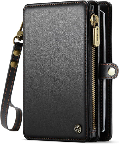 Passport Holder Wallet, 12 Card Slots RFID Blocking Travel Organizer, Zippered Coin Pocket & Detachable Wrist Strap Secure AMagnetic Closure Passport Case for Men & Women (Black)