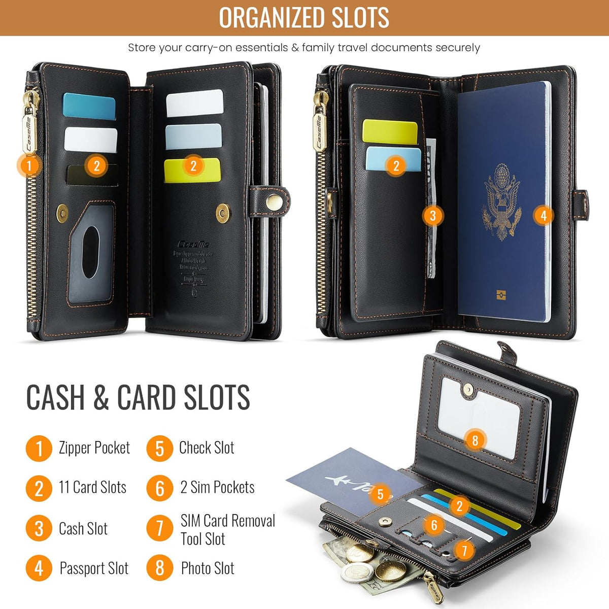 Passport Holder Wallet, 12 Card Slots RFID Blocking Travel Organizer, Zippered Coin Pocket & Detachable Wrist Strap Secure AMagnetic Closure Passport Case for Men & Women (Black)