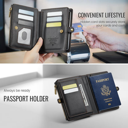 Passport Holder Wallet, 12 Card Slots RFID Blocking Travel Organizer, Zippered Coin Pocket & Detachable Wrist Strap Secure AMagnetic Closure Passport Case for Men & Women (Black)